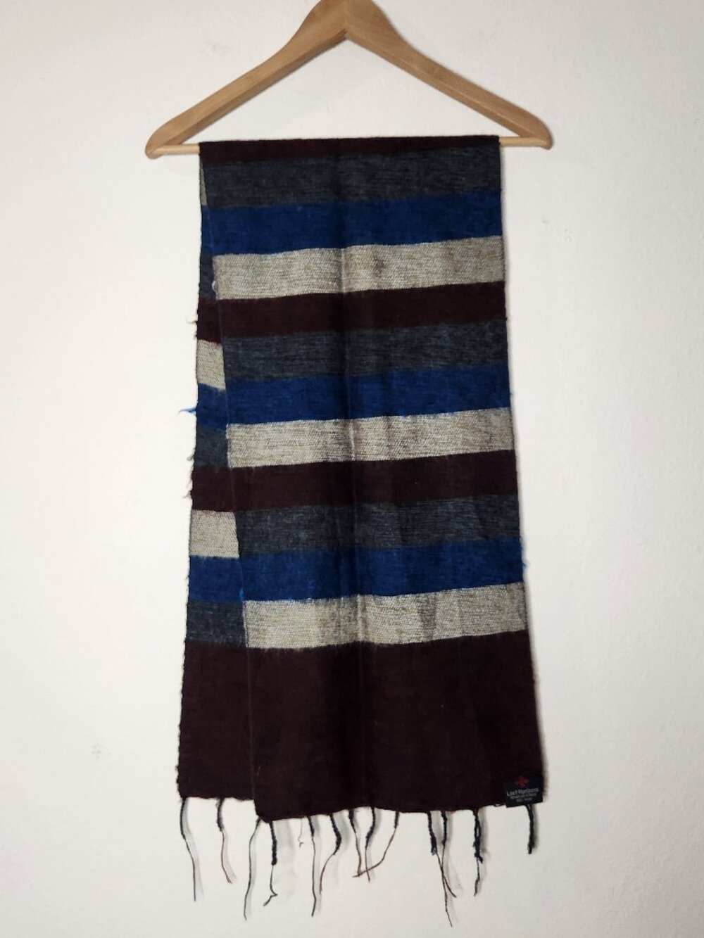 Vintage Lost Horizons Wool Striped Tasseled Scarf Blue Brown Gray